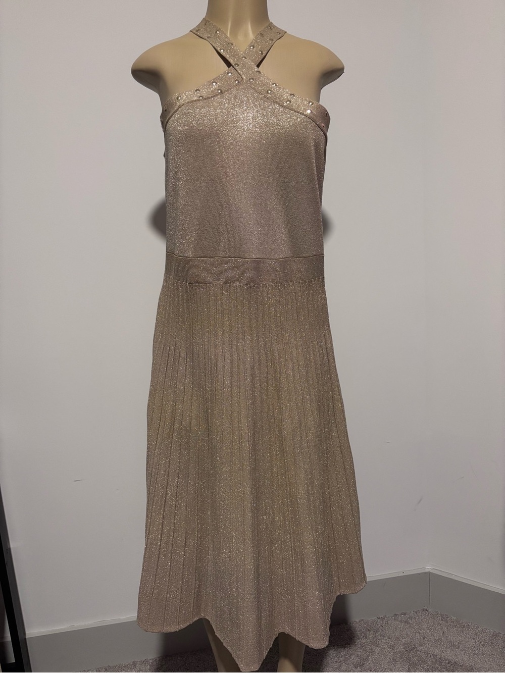 MICHAEL Michael Kors Metallic Rhinestone Midi Dress in Champagne Gold
